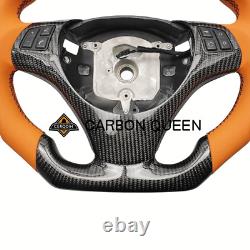 REAL CARBON FIBER Steering Wheel FOR BMW E90E92E82E87m3 ORANGE LEATHER/STRIPE