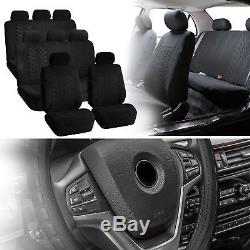 SUV 3row 8 seats Black Seat Covers with Black Leather Steering Wheel Cover Combo