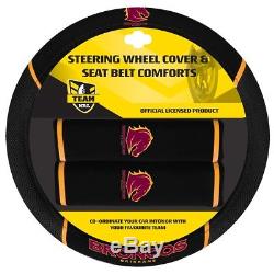 Set Of 2 Brisbane Broncos Nrl Car Steering Wheel Cover + 4 Floor Mats