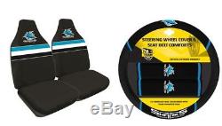 Set Of 2 Cronulla Sharks Nrl Front Car Seat Covers + Steering Wheel Cover