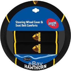 Set Of 3 Hawthorn Hawks Afl Car Seat Covers + Steering Wheel Cover + Floor Mats