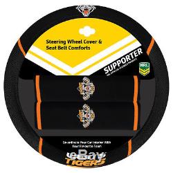 Set Of 3 West Tigers Nrl Car Seat Covers + Steering Wheel Cover + Floor Mats
