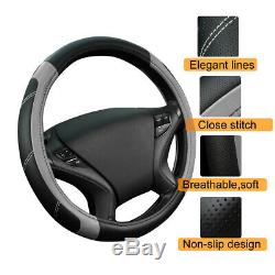 Universal Black Grey Leather Mesh Car Seat Cover Steering Wheel Cover Breathable