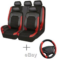 Universal Car Seat Covers Luxury Leather Mesh Black Red Steering Wheel Cover