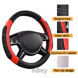 Universal Car Seat Covers Luxury Leather Mesh Black Red Steering Wheel Cover