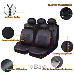 Universal Leather Car Seat Cover Steering Wheel Cover Set Black Red for Sedan