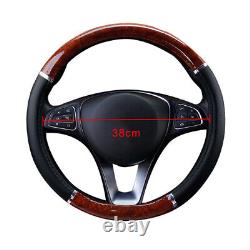 Wood Grain Steering Wheel Cover Good Grip Black Syn Leather For Car Accessories