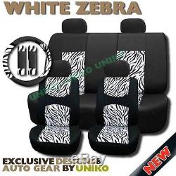 Zebra Mesh Seat Covers Set White Black Print Steering Wheel Cover 4 Headrests